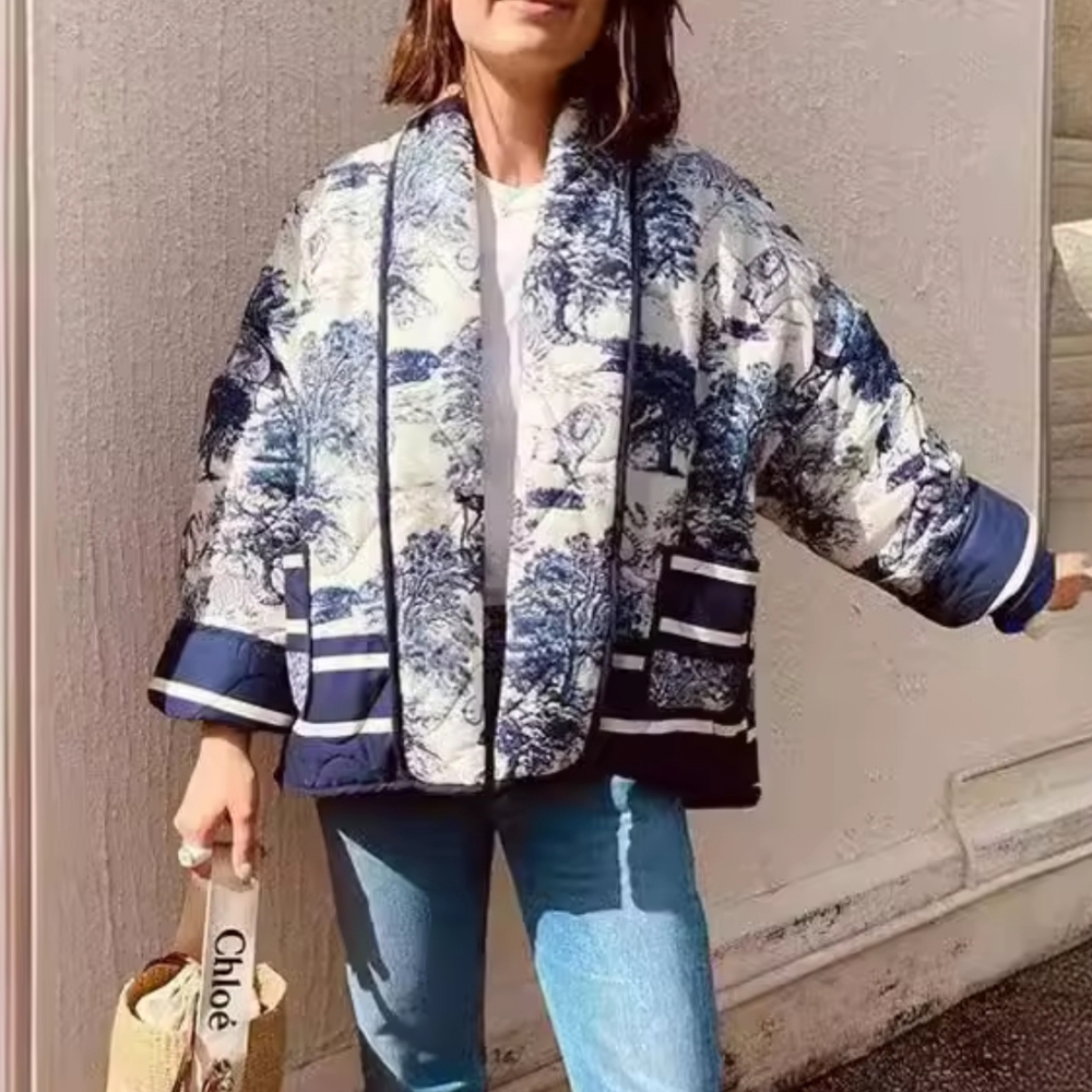 Flower Printed Jacket Casual Long Sleeve Cardigan Coat Autumn Winter Female Fash - Picture 2 of 5